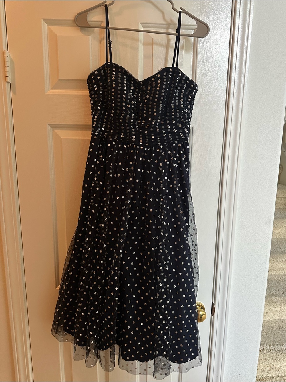 Navy Polka Dot Midi Dress with Silver Sequin Accents Like New